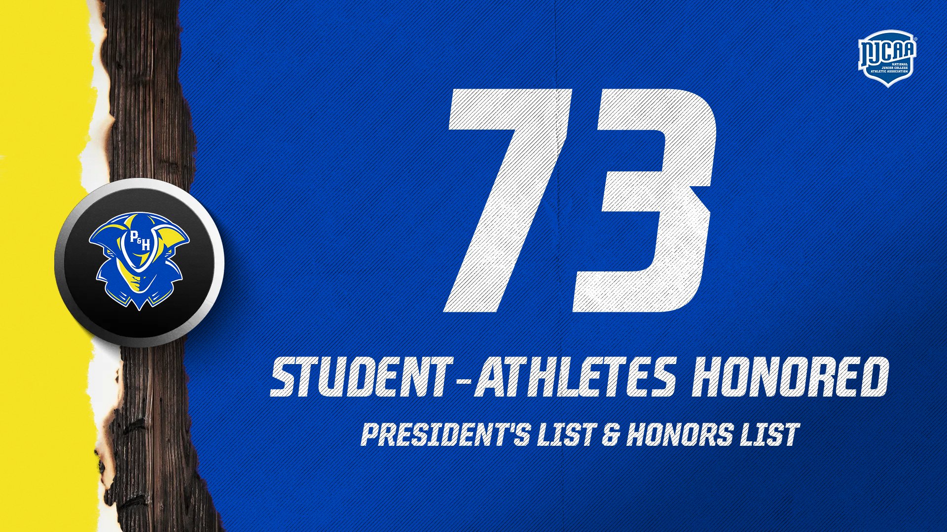 Blue graphic featuring the Patrick & Henry Community College Patriots logo on the left and a large white &ldquo;73&rdquo; on the right. Text reads &ldquo;73 Student-Athletes Honored&rdquo; with &ldquo;Presidents List & Honors List&rdquo; beneath it. The NJCAA logo appears in the top right corner.