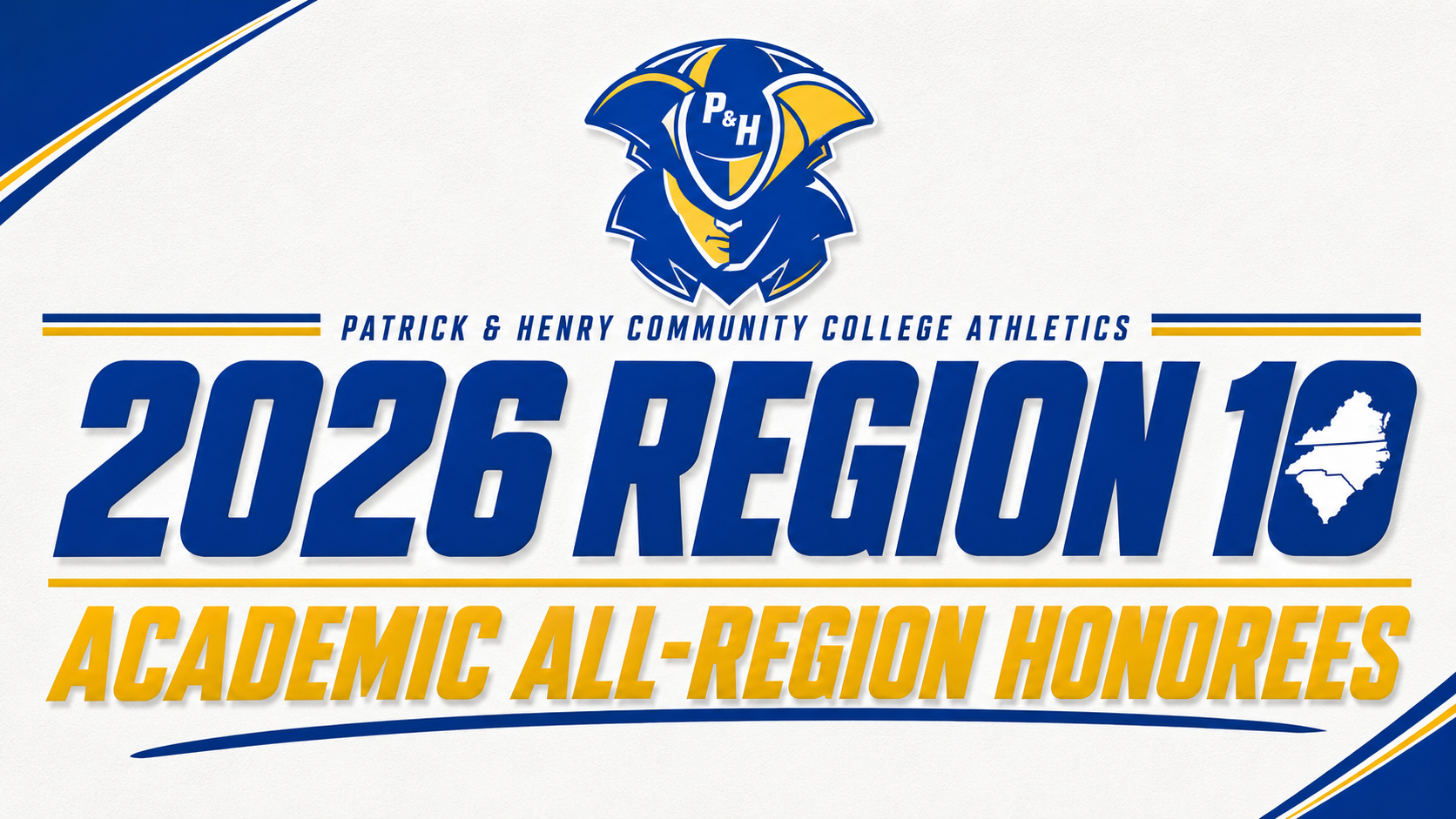 Graphic with a white background and blue-and-gold accents featuring the Patrick & Henry Community College Athletics logo at the top. Large blue text reads 