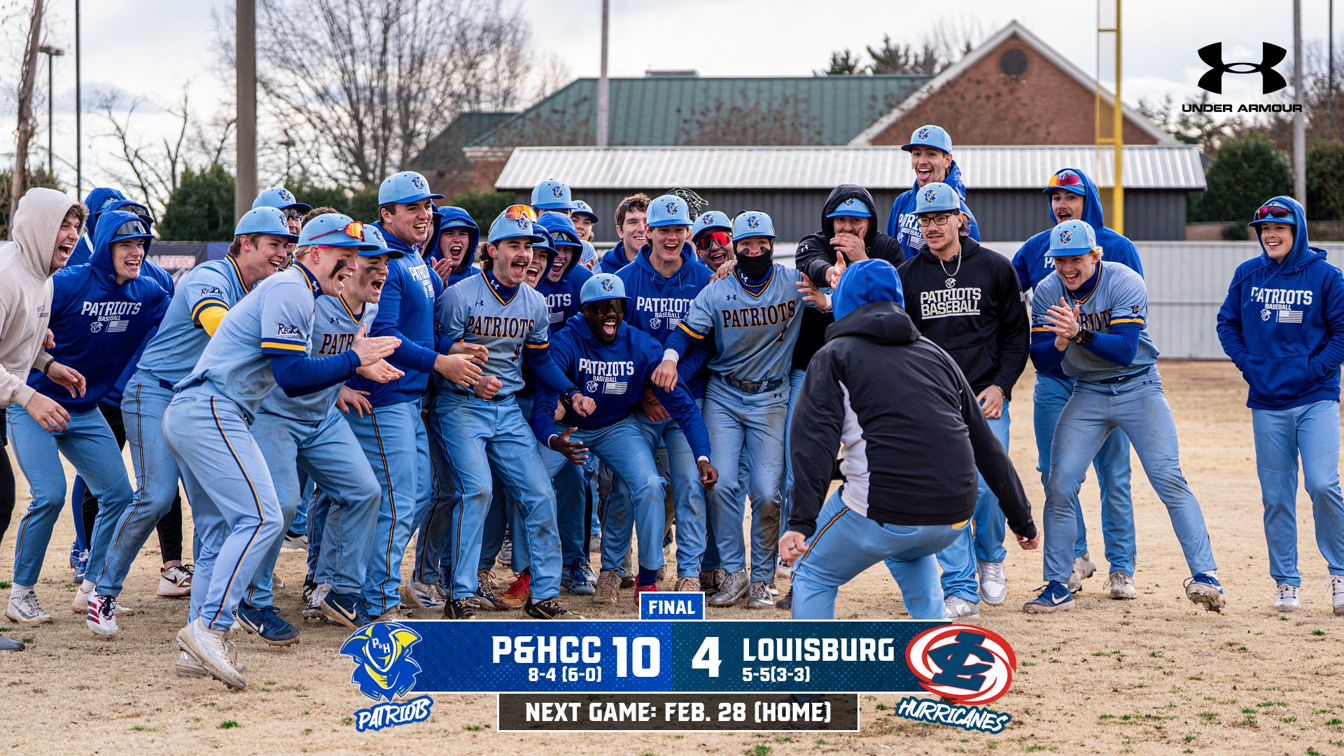 The Patrick & Henry Community College baseball team celebrates together on the field following a 10–4 win over Louisburg College. Players in light blue Patriots uniforms gather in a circle cheering and clapping near the infield at Hooker Field. A scoreboard graphic overlay reads “Final: P&HCC 10, Louisburg 4,” with P&HCC’s record listed as 8–4 overall (6–0 Region 10) and Louisburg at 5–5 (3–3). The graphic also notes the next home game is February 28.