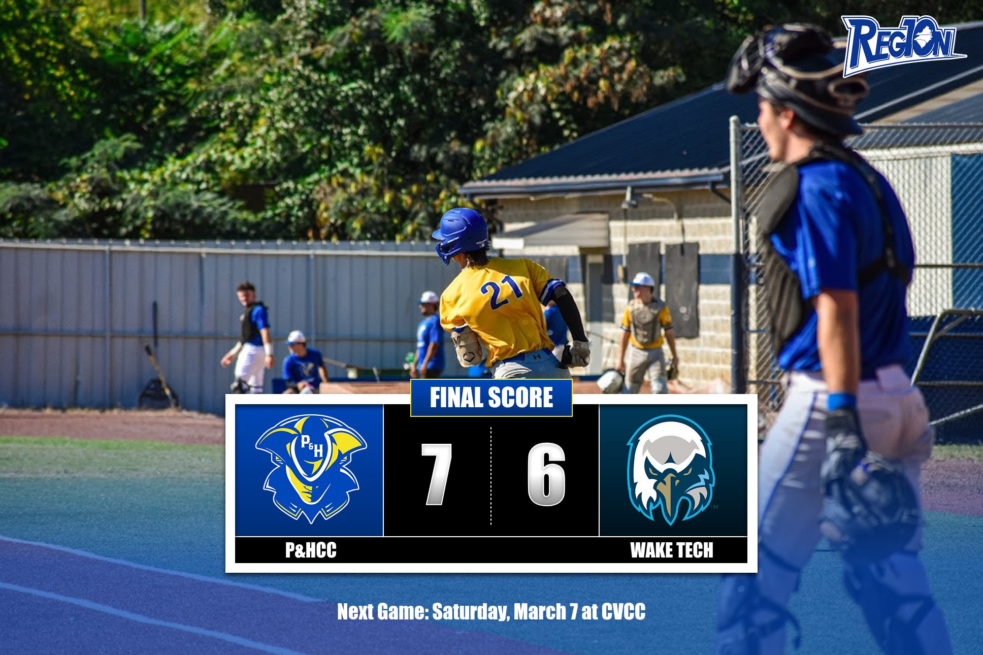 Graphic displaying the final score of a Region 10 baseball game with Patrick & Henry Community College defeating Wake Tech 7–6. The P&H logo appears on the left with the number 7, and the Wake Tech logo appears on the right with the number 6. Text reads “Final Score,” and along the bottom it says, “Next Game: Saturday, March 7 at CVCC.” The background photo shows a Patrick & Henry baseball player in a yellow jersey rounding a base, while a catcher in blue gear stands in the foreground near home plate. The Region 10 logo appears in the top right corner.