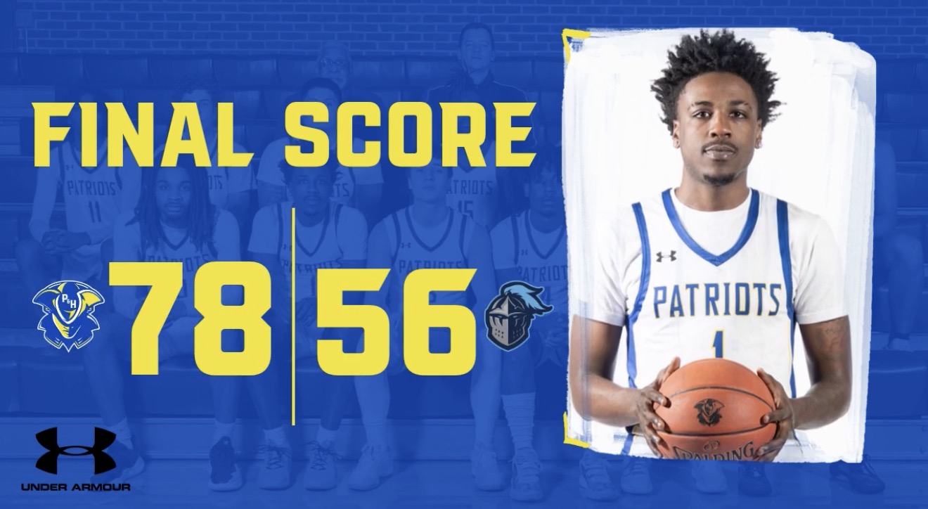 Final score graphic showing Patrick & Henry Community College men’s basketball defeating Georgia Christian College 78–56. The score “78–56” appears in large yellow text on a blue background with the P&HCC Patriots logo on the left and the Georgia Christian logo on the right. A portrait of a P&HCC men’s basketball player in a white Patriots jersey holding a basketball is featured on the right side. An Under Armour logo appears in the lower left corner.