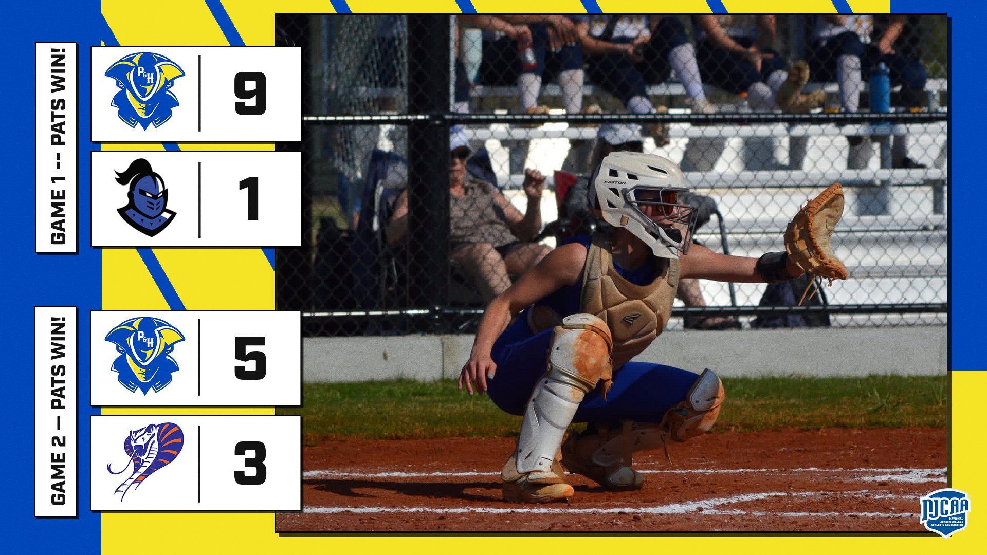 Final score graphic from a softball doubleheader. Patrick & Henry (P&HCC) defeated the Knights 9–1 in Game 1 and 5–3 in Game 2. The background image shows a P&HCC catcher in blue uniform and full gear crouched behind home plate with glove extended, ready to receive a pitch. Fans are seated in bleachers behind a chain-link fence.