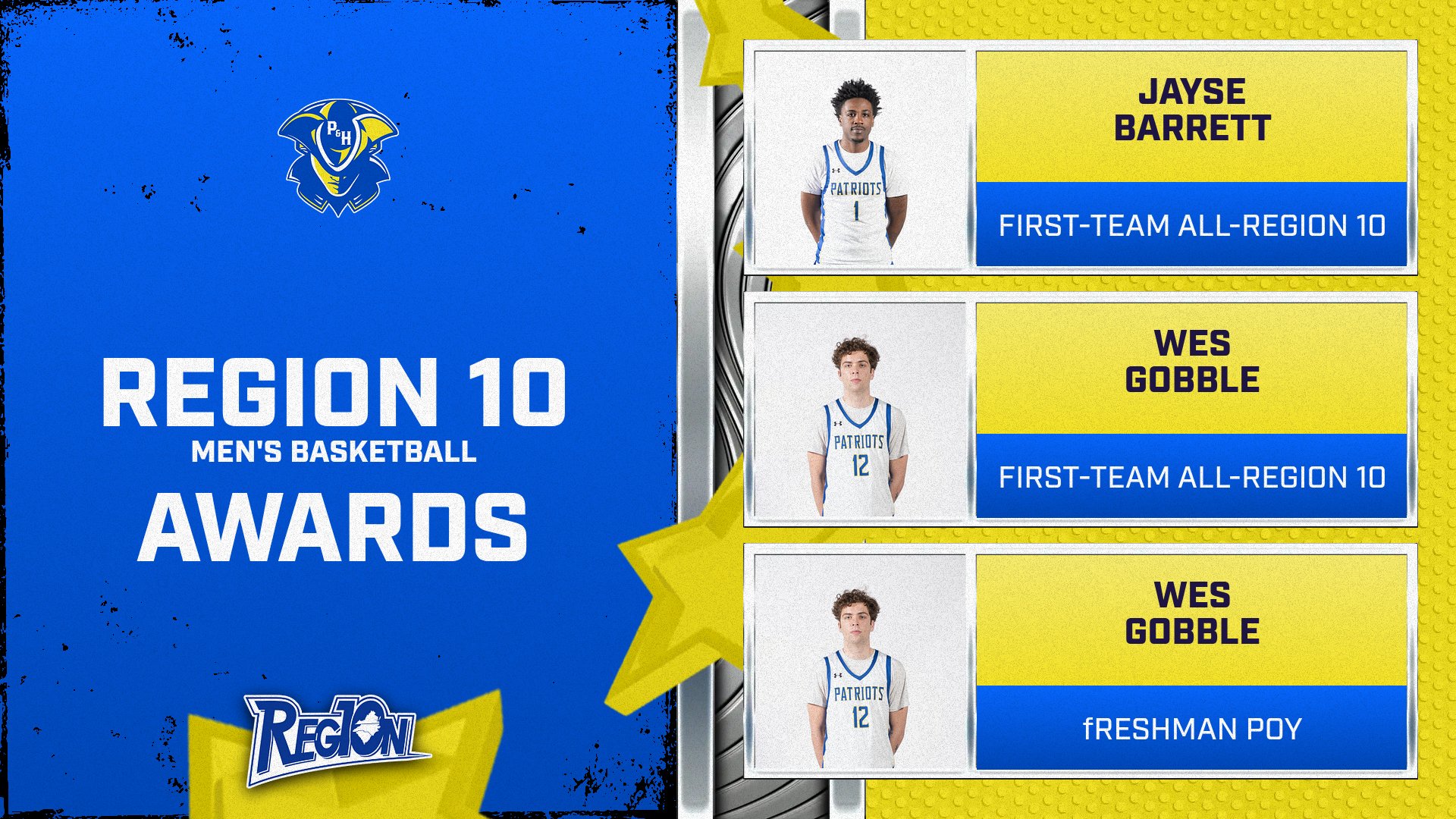 Graphic titled &ldquo;Region 10 Men&rsquo;s Basketball Awards&rdquo; featuring Patrick & Henry Community College honorees. Sophomore Jayse Barrett is recognized as First-Team All-Region 10. Freshman Wes Gobble is recognized as First-Team All-Region 10 and Region 10 Freshman Player of the Year. The design includes individual headshots of each player in white Patriots uniforms, set against blue and gold P&HCC branding with the Region 10 logo displayed at the bottom.
