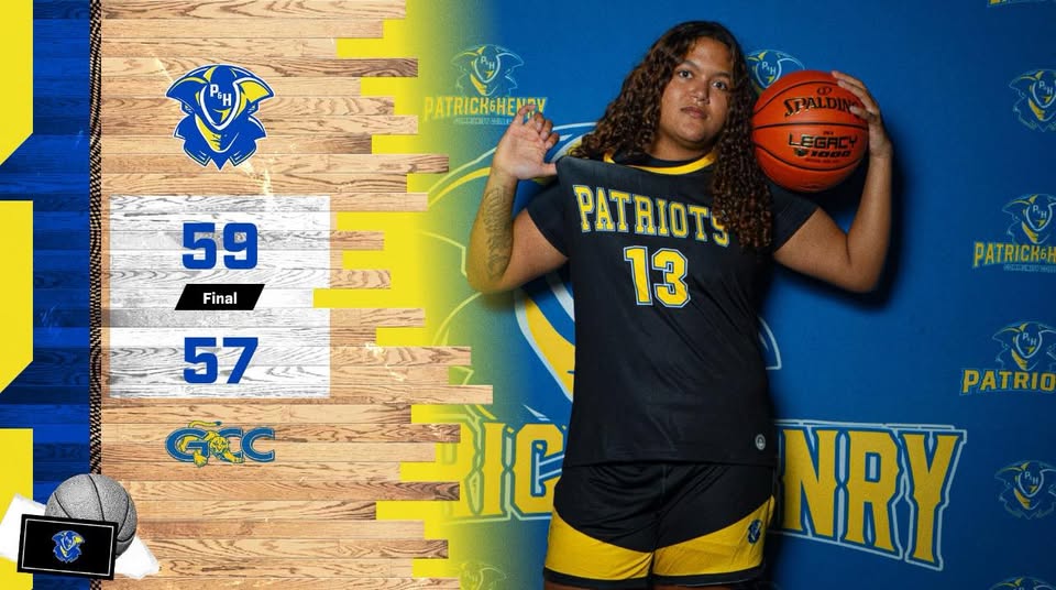 Graphic celebrating P&HCC women&rsquo;s basketball 59&ndash;57 road win over Genesee Community College. The left side features the Patrick & Henry Patriots logo above the final score, 59&ndash;57, with &ldquo;Final&rdquo; displayed between the scores and the Genesee &ldquo;GCC&rdquo; logo below. The background includes navy, gold, and wood-textured design elements. On the right side, a Lady Patriots player wearing a navy jersey with &ldquo;Patriots&rdquo; and number 13 in gold holds a basketball on her shoulder while posing in front of a Patrick & Henry branded backdrop.